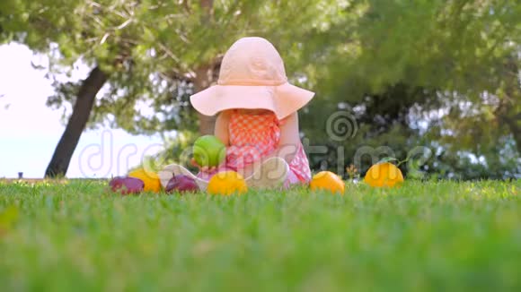 天然水果背景孩子在户外吃有机水果幼儿在阳光明媚的草地上玩新鲜水果视频的预览图