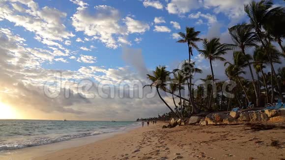 日出海洋和热带岛屿海滩蓬塔卡纳多米尼加共和国周围是棕榈树视频的预览图