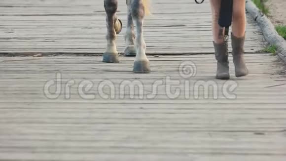 穿靴子的女孩牵着马视频的预览图