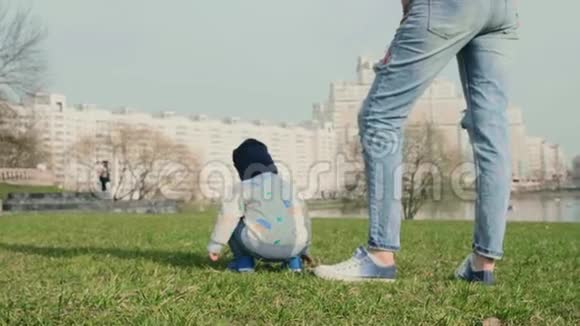 小男孩蹲在草地上玩背对着镜头坐着小妈妈站在他身边视频的预览图
