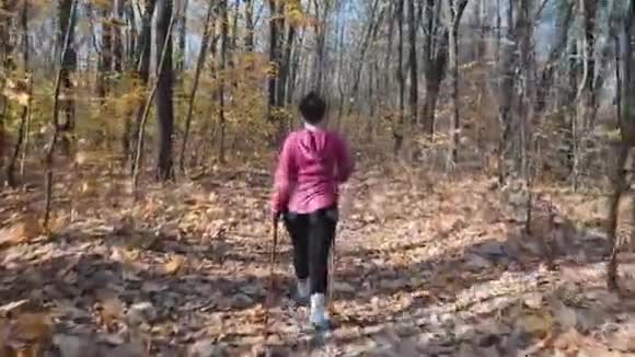 北欧式步行美丽的胖乎乎的女人每天下班前在城市秋季公园锻炼视频的预览图