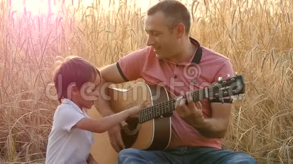 幸福家庭父亲和小儿子在休息坐在麦田里一个男人和一个孩子在视频的预览图