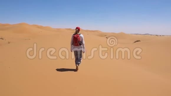 运动的女人沿着撒哈拉沙漠散步视频的预览图