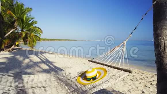 海边热带海滩棕榈树之间空吊床视频的预览图