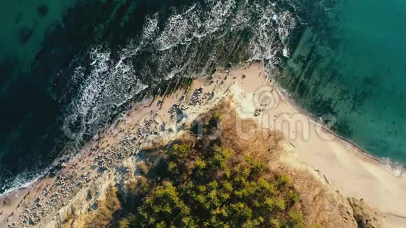 海上日出用石头俯瞰海水和海滩海岸视频的预览图