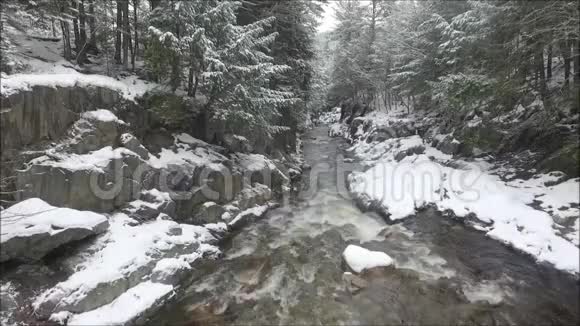 平静的寒流流过白雪覆盖的松树林冬天的山景空中无人机拍摄视频的预览图