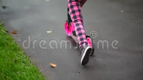 可爱的小学龄前儿童白种人穿着粉红色便服在城市公园里用湿沥青踢踏板车视频的预览图