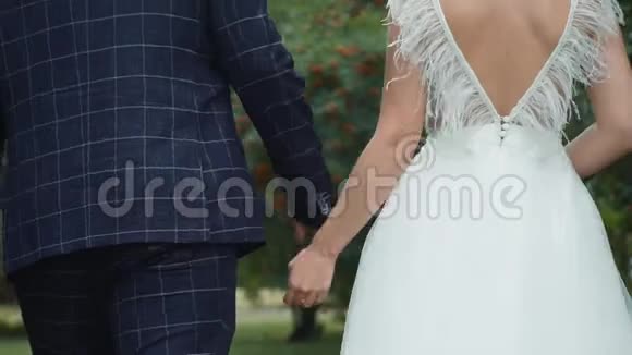 新婚夫妇手牵手在公园散步视频的预览图