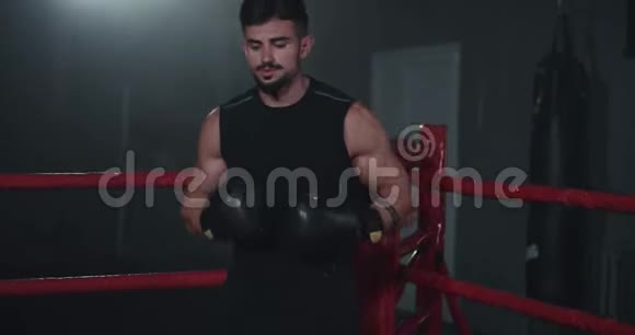 有魅力的拳击手在镜头前进行了紧张的训练视频的预览图