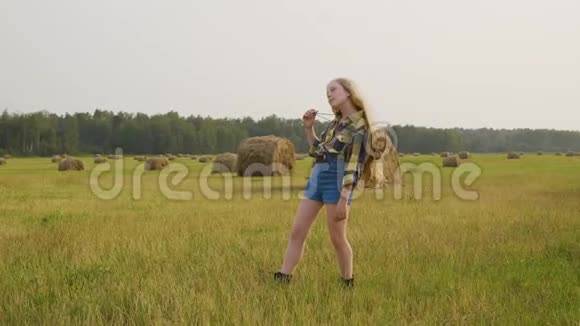 乡下女孩穿着格子衬衫和牛仔裤在农田里摆姿势干草堆背景的牛仔女孩视频的预览图