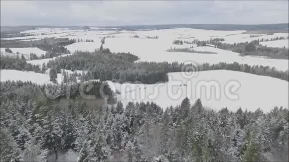 美丽的空中无人机飞行全景多云的天空白雪覆盖的田野山林冬季景观视频的预览图