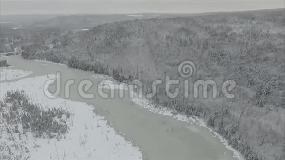 冰雪覆盖的湖泊河上华丽的空中无人驾驶飞机在寒冷的冬季山岭景观中飞过松树视频的预览图
