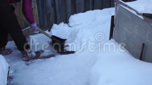 用铲子除雪一个女人用铲子从落下来的雪中清理小径视频的预览图