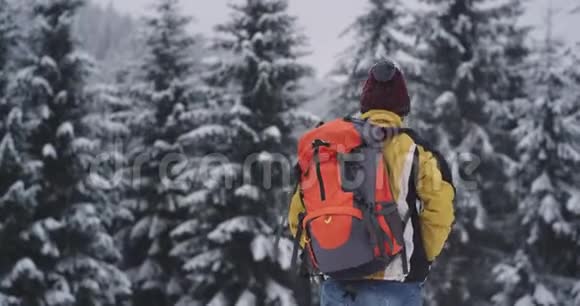 有魅力的游客独自旅行在一个寒冷的冬天他带着一个大背袋穿过雪林快乐地走着视频的预览图