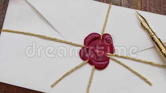 情书信封用线和红蜡心形密封件密封视频的预览图