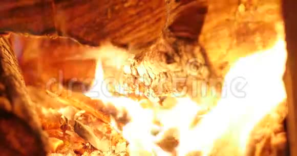 中焰壁炉环钳树在壁炉里燃烧得很漂亮男人把木柴放在炉子里视频的预览图