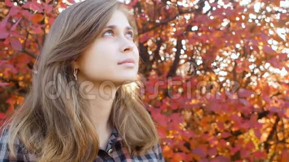 一个美丽的年轻女子的形象感激地仰望着女孩在公园里穿过秋天的自然视频的预览图