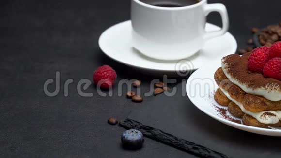 经典提拉米苏甜点与覆盆子和蓝莓和咖啡混凝土背景部分视频的预览图