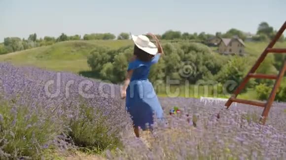 健康的女人快乐地穿过薰衣草的田野视频的预览图
