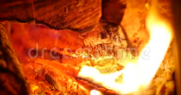 树在壁炉里燃烧得很漂亮男手把木柴放进炉子里壁炉里着火了4K中等视频的预览图