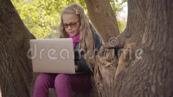 年轻的白人少女戴着光致变色眼镜坐在秋天的公园或森林里手提电脑微笑视频的预览图