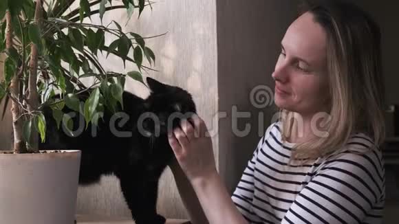 一个穿背心的年轻漂亮的女人正在抚摸一只猫猫咕噜咕噜地扭着头视频的预览图