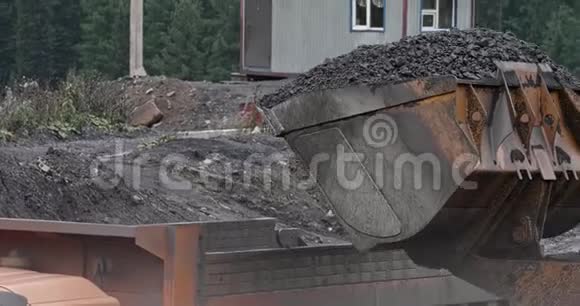 挖掘机缓慢地向采矿车装载特写挖掘机在大型自卸汽车上装煤煤炭视频的预览图