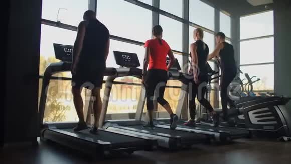健康的人在健身健身房的机器跑步机上跑步工作出概念在跑步机上做有氧训练的人视频的预览图