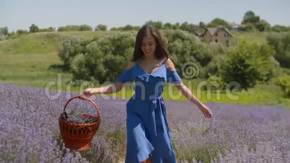 快乐的女人伸出双臂在田野里散步视频的预览图