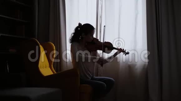 漂亮的女音乐家在家里的窗户上演奏视频的预览图