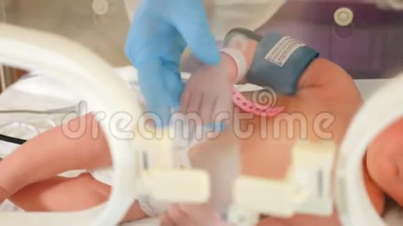 产科诊所拯救生命的概念护士在孵化器里检查婴儿关门一个新生婴儿躺在婴儿床里视频的预览图