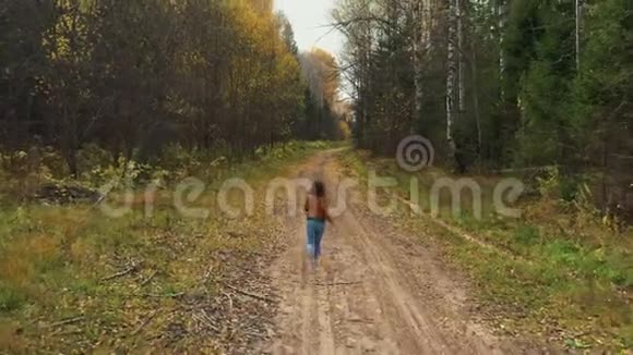 白种人女人在秋林路上奔跑的镜头阳光下黄色橙色和绿色森林的叶子颜色视频的预览图