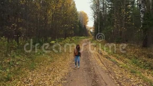在秋天的树林里散步的白种人美丽微笑的镜头秋天的落叶松森林视频的预览图