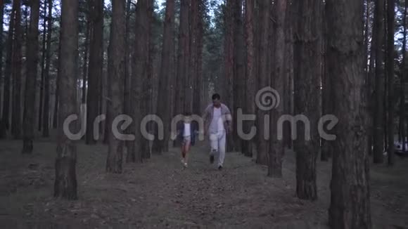 一家人在森林里度过周末快乐的父亲和女儿晚上牵着手在一排排松树之间奔跑视频的预览图