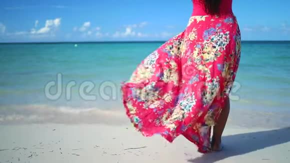 无忧无虑的年轻女子在蓬塔卡纳海滩放松加勒比度假多米尼加共和国视频的预览图