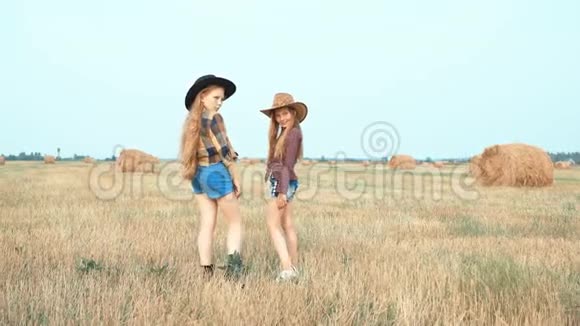 戴帽子的可爱女孩带着干草堆走在田野上视频的预览图