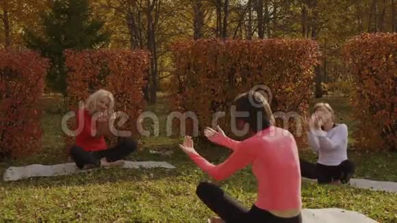 女子团体在秋季公园冥想瑜伽练习公园户外健身的女性瑜伽快乐的女人放松视频的预览图