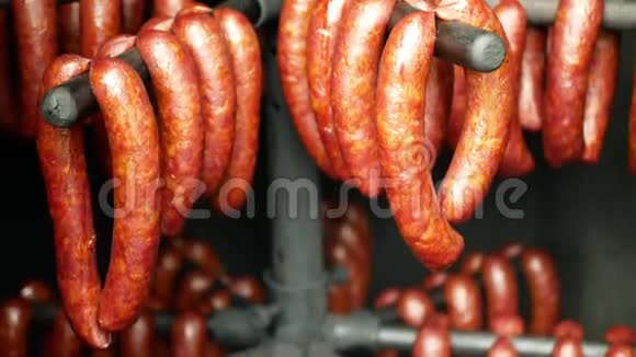 香肠红烟熏制山毛榉木猪屠宰传统的捷克家庭挂肉香肠肉熏肉视频的预览图