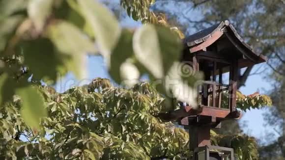 在布宜诺斯艾利斯的日本花园里一个木制灯笼的右拍视频的预览图