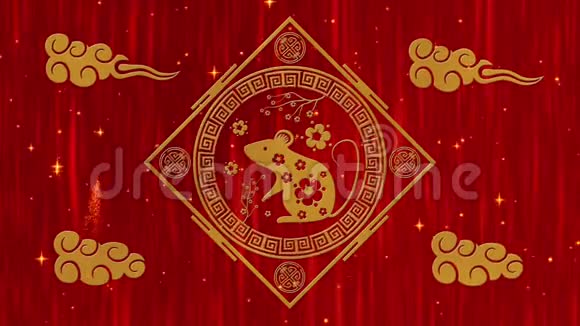 农历新年春节背景用金鼠烟花闪闪的星和云中国新年视频的预览图