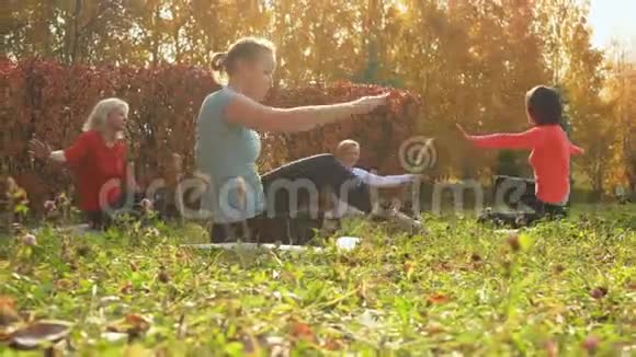 在公园草地上做健身运动的妇女团体视频的预览图