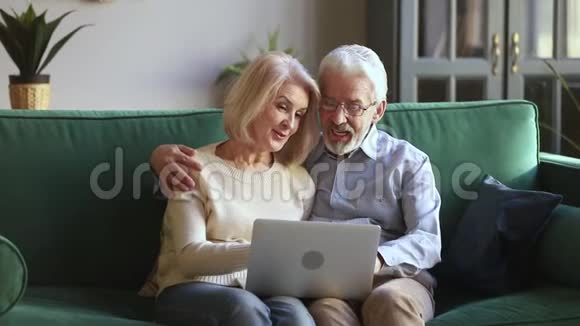 60年积极快乐的配偶坐在沙发上用笔记本电脑视频的预览图
