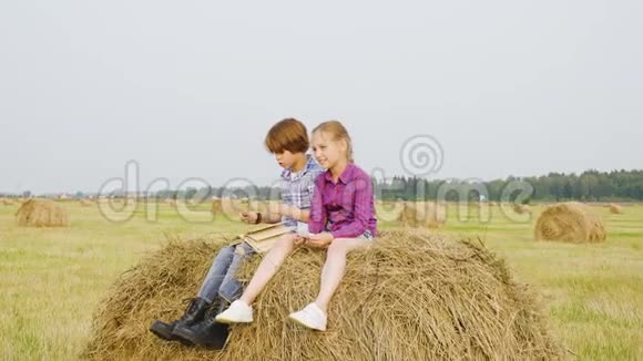 十几岁的男孩和女孩坐在乡间的干草堆上无忧无虑的男孩和女孩在干草堆上看书视频的预览图