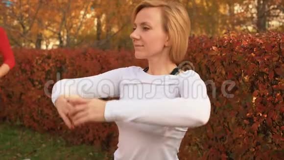 健身女子在秋季公园的芭蕾舞课上跳舞体育女子训练舞蹈锻炼在秋季公园慢动作视频的预览图