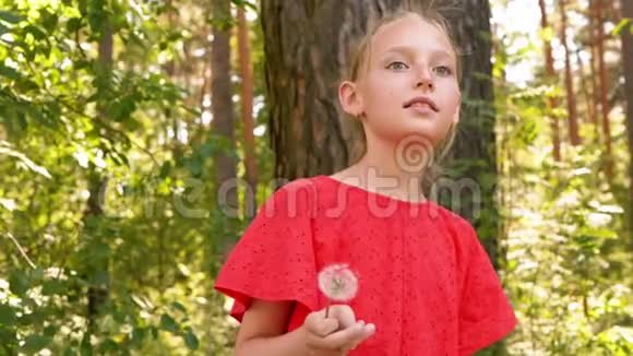 夏日公园里一个手持白色蒲公英的少女在绿色公园里四处张望的年轻女孩肖像女郎视频的预览图