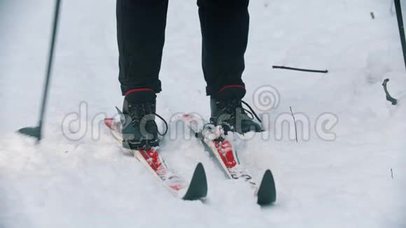 在白雪皑皑的树林里滑雪在滑雪场上穿上靴子视频的预览图