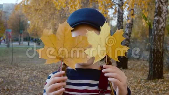 秋天公园的画像红发女孩她的辫子挽着枫叶微笑的女孩躲着黄色的脸视频的预览图