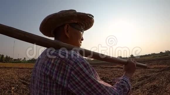 年长的亚洲农民扛着锄头在日落的背景下在农田里的山脊上行走视频的预览图