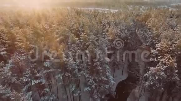 日落时分无人驾驶飞机在一片白雪皑皑的森林里飞过河流视频的预览图