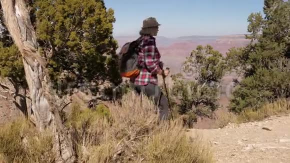 背着背包在大峡谷公园山上徒步旅行的成熟女人视频的预览图